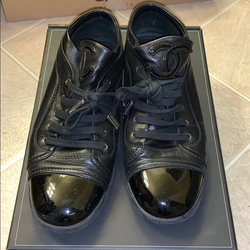 Black Chanel Lace Up Sneaker.  Size 40